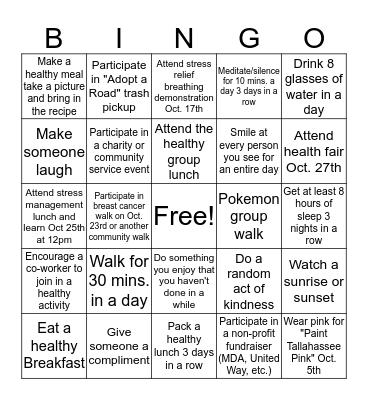 Health and Wellness Challenge Bingo Card