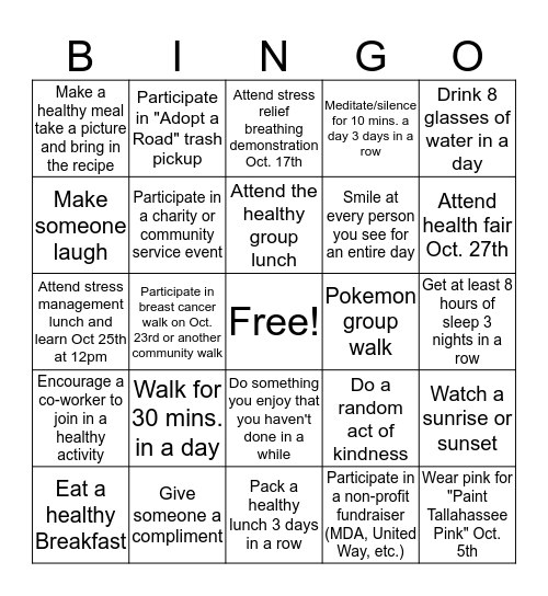 Health and Wellness Challenge Bingo Card