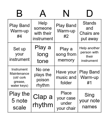 Band Bingo Rehearsal Bingo Card