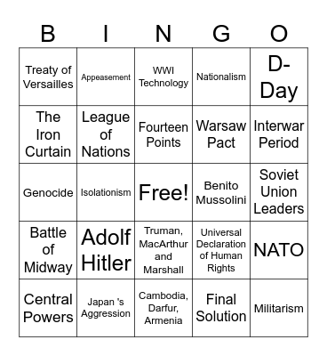World History 2-Global Conflicts Bingo Card