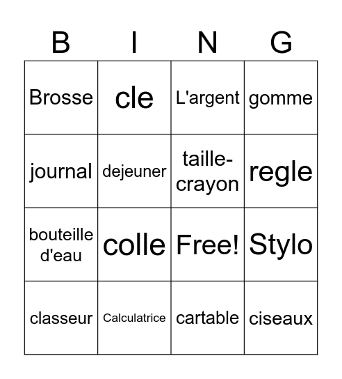School bag Bingo Card