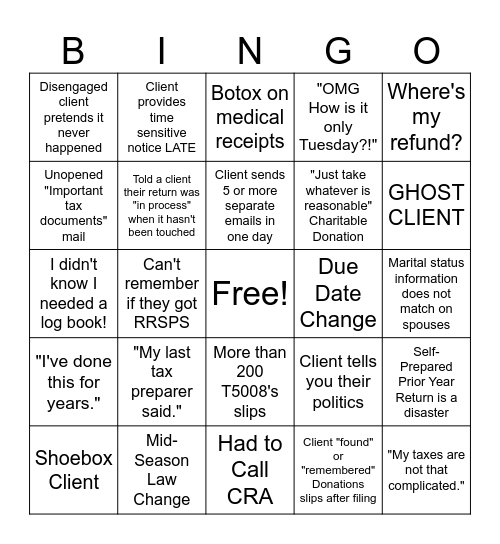 Tax Season Bingo Card