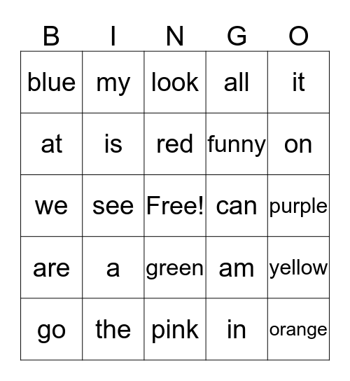 Kindergarten Sight Words Bingo Card