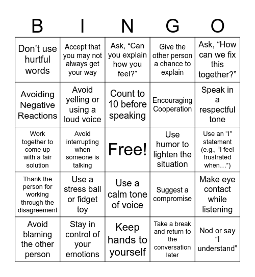 Conflict Resolution Bingo Card