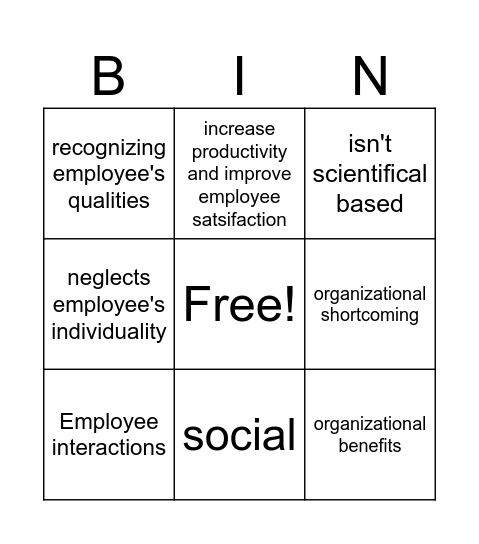 Human Relations Management Theory Bingo Card