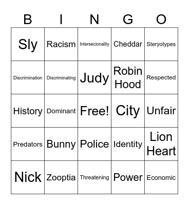 Zootpia Bingo Card