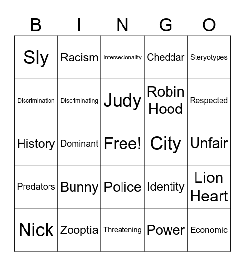Zootpia Bingo Card