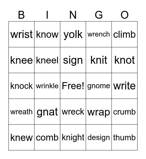 Silent Letters Bingo Card