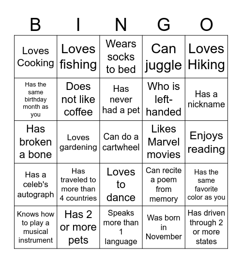 GHA Team Building Bingo Card