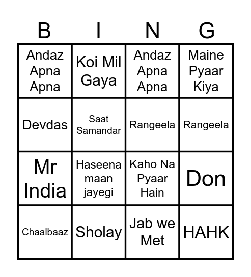 BOLLYWOOD BINGO Card