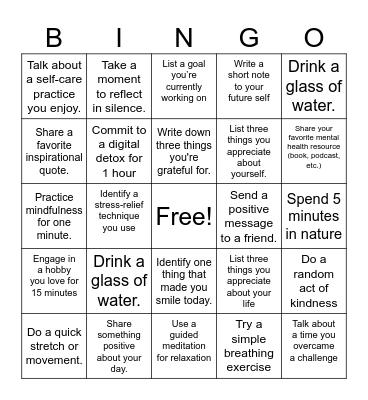 Mental Health Bingo Card