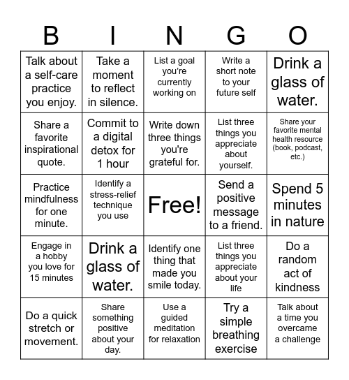 Mental Health Bingo Card