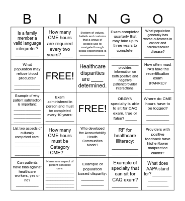 Professional Practice for PAs Bingo Card