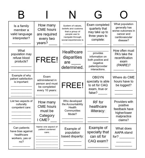Professional Practice for PAs Bingo Card