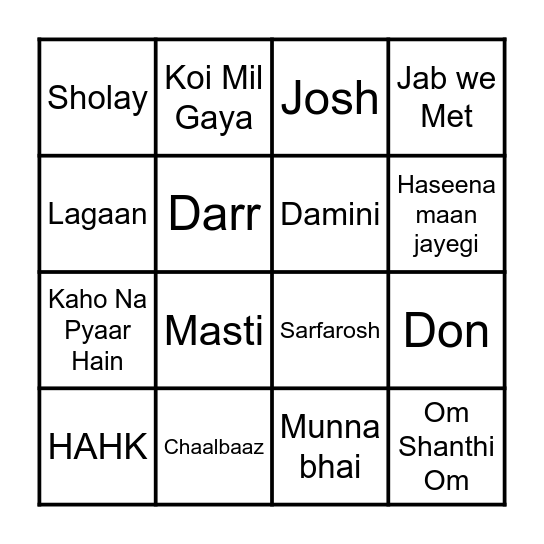 BOLLYWOOD BINGO Card