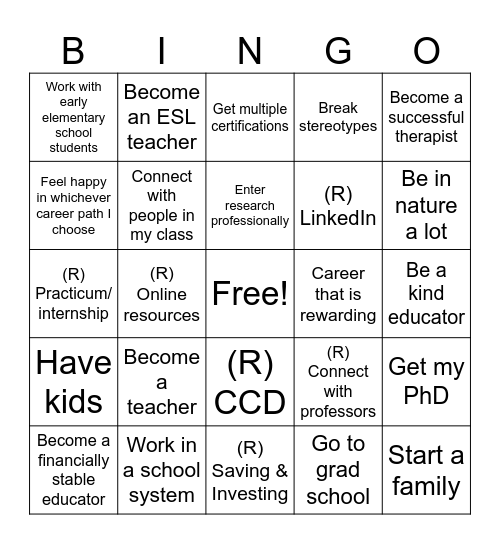 Goal Setting Bingo Card