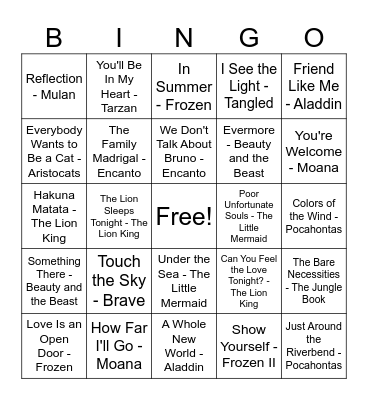 Disney SINGO Bingo Card