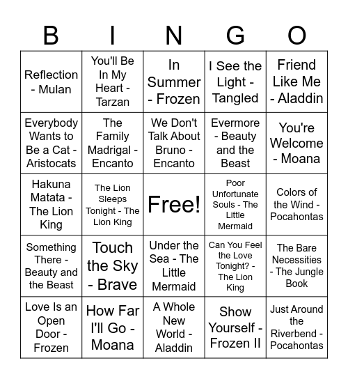 Disney SINGO Bingo Card