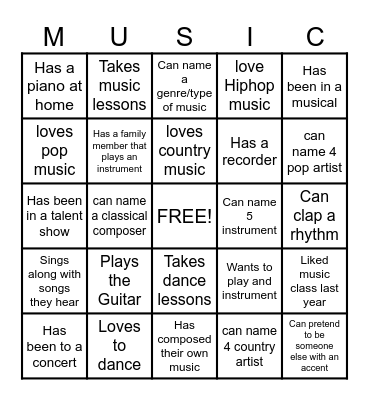 Getting to Know You Music Bingo Card