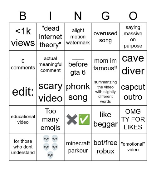 Youtube Shorts Bingo Card