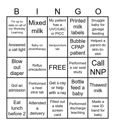 NICU NURSE BINGO! Bingo Card