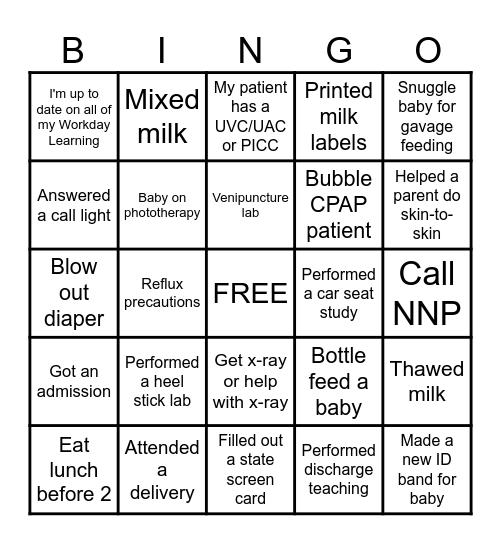 NICU NURSE BINGO! Bingo Card