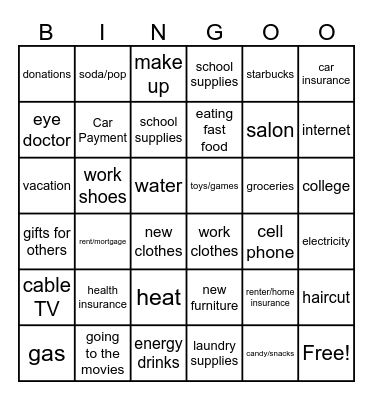 Daily Living Wants vs. Needs Bingo Card