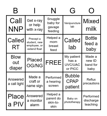 NICU NURSE BINGO! Bingo Card