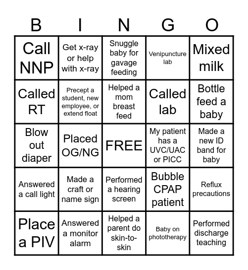 NICU NURSE BINGO! Bingo Card