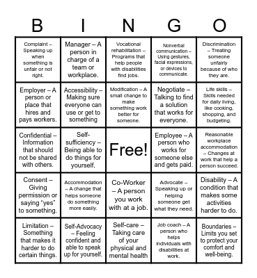 Self advocacy Bingo Card