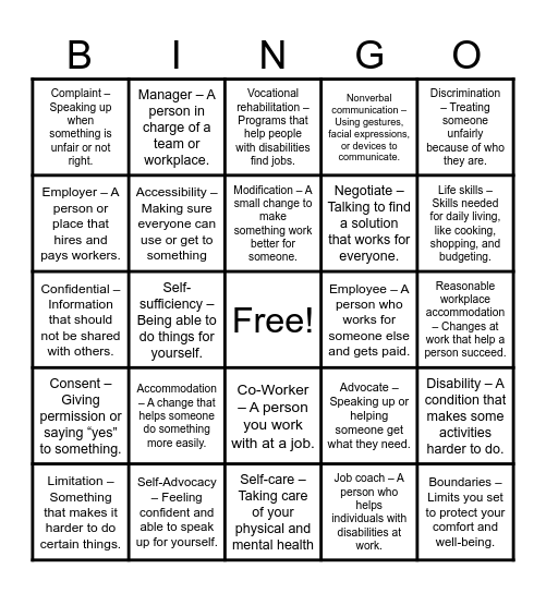 Self advocacy Bingo Card