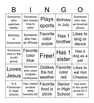 Youth Group Bingo Card