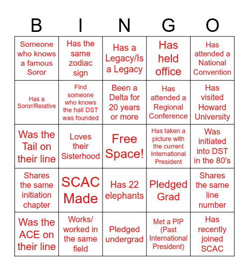 SCAC Sisterhood Bingo Card