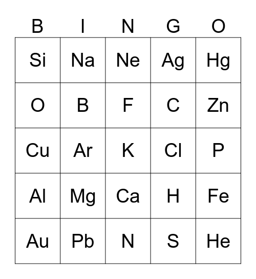 Periodic Table of Elements Bingo Card