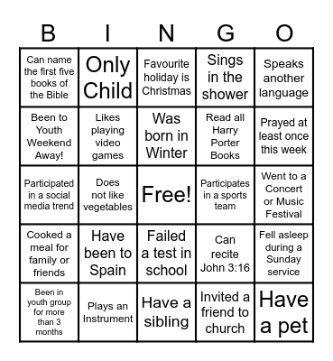 Youth Group Bingo Card