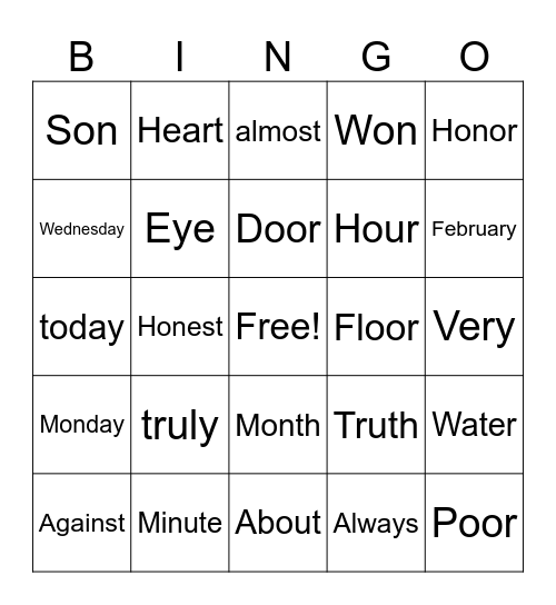 Heart word bingo Card