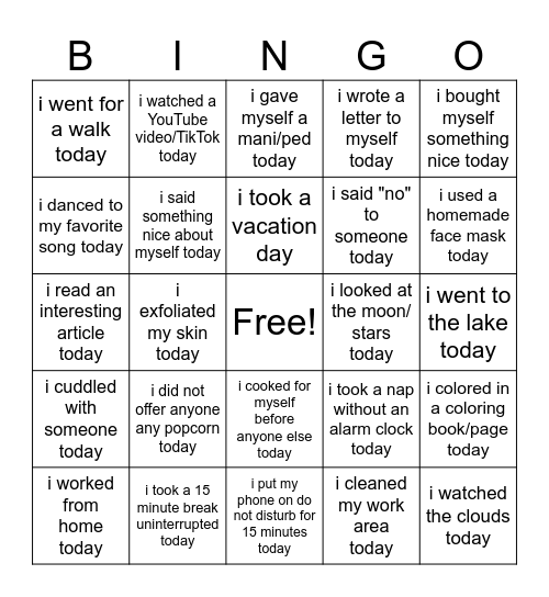 EJ SELF CARE BINGO Card
