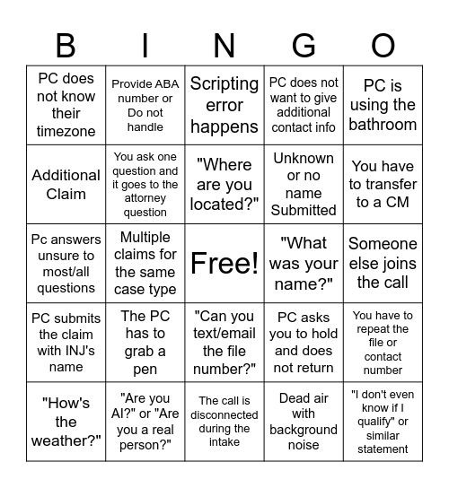 Caller Bingo Card