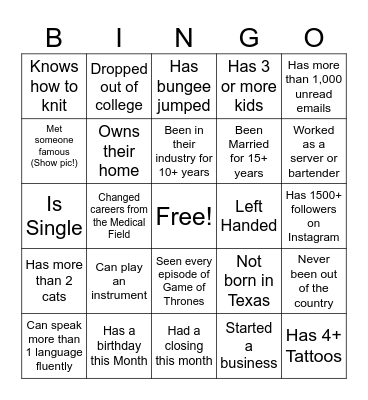Happy Hour Networking Bingo Card