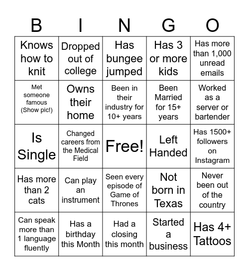 Happy Hour Networking Bingo Card