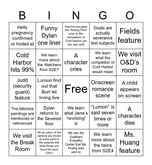 Cayden’s Severance S2 Finale Bingo Card