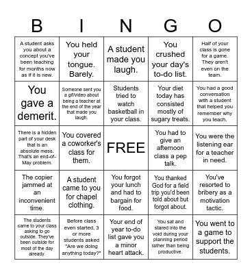 End of School Year Bingo Card