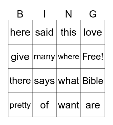 Sight Words Bingo Card