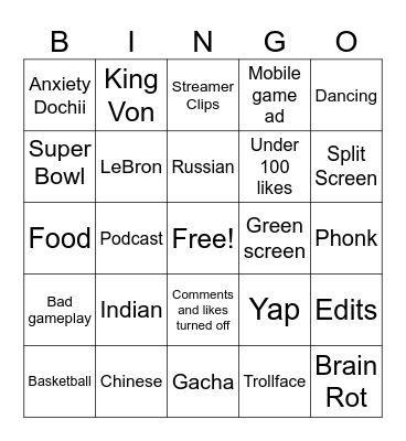 YouTube Bingo Card