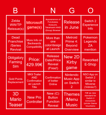 Switch 2 Direct Bingo Card