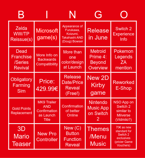 Switch 2 Direct Bingo Card