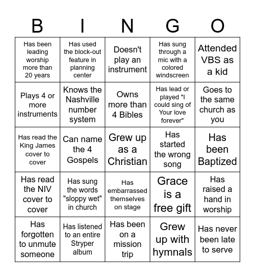 WLC Worship Team BINGO! Bingo Card