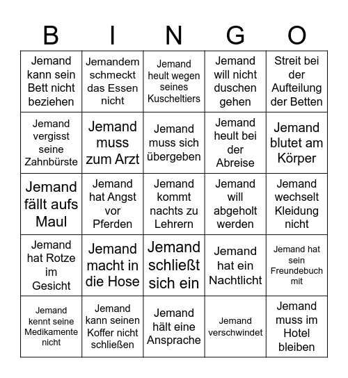 Klassenfahrten-Bingo Card