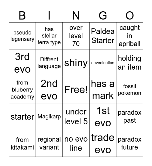 Wonder Trade Bingo Card