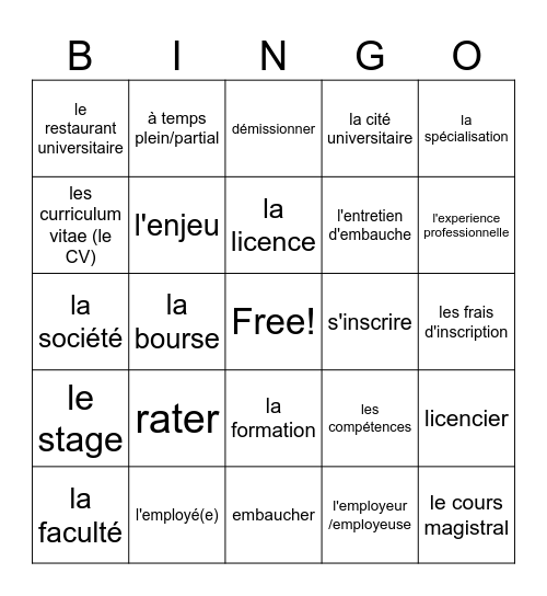 CH. 4 Vocabulaire Bingo! Bingo Card